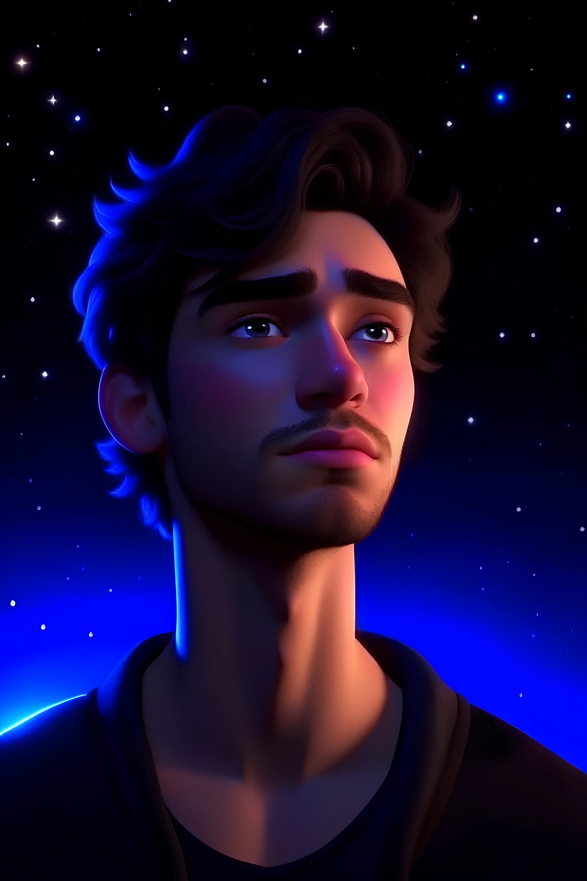 Beautiful animated man under a starry-eyed night. Dynamic. Ultra realistic