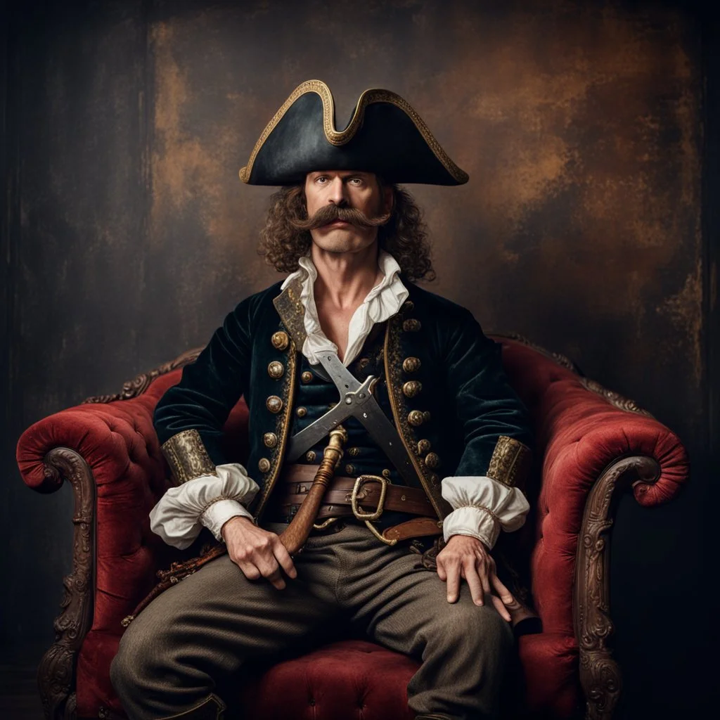 Hyper Realistic vintage frame portrait of a pirate with thick moustache sitting on a fancy velvet sofa with his sword on a rustic dark wall