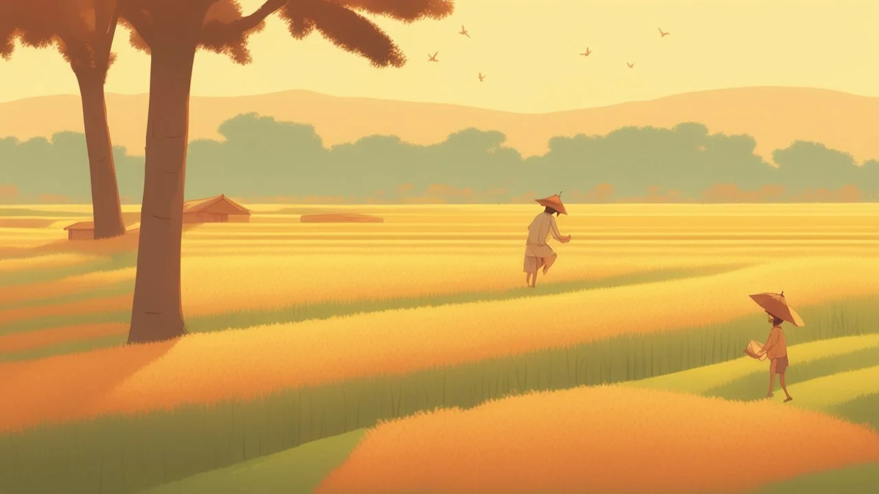 Rice field，Trees，Warm color palette，Animation，A lovely grasshopper，People who work