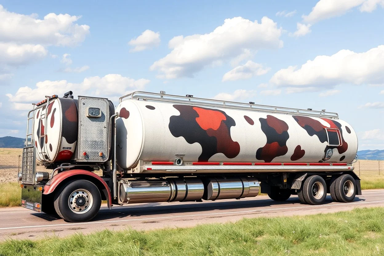 side view of a semitruck for fuel hauling, covered in large cow spots, photo illustration