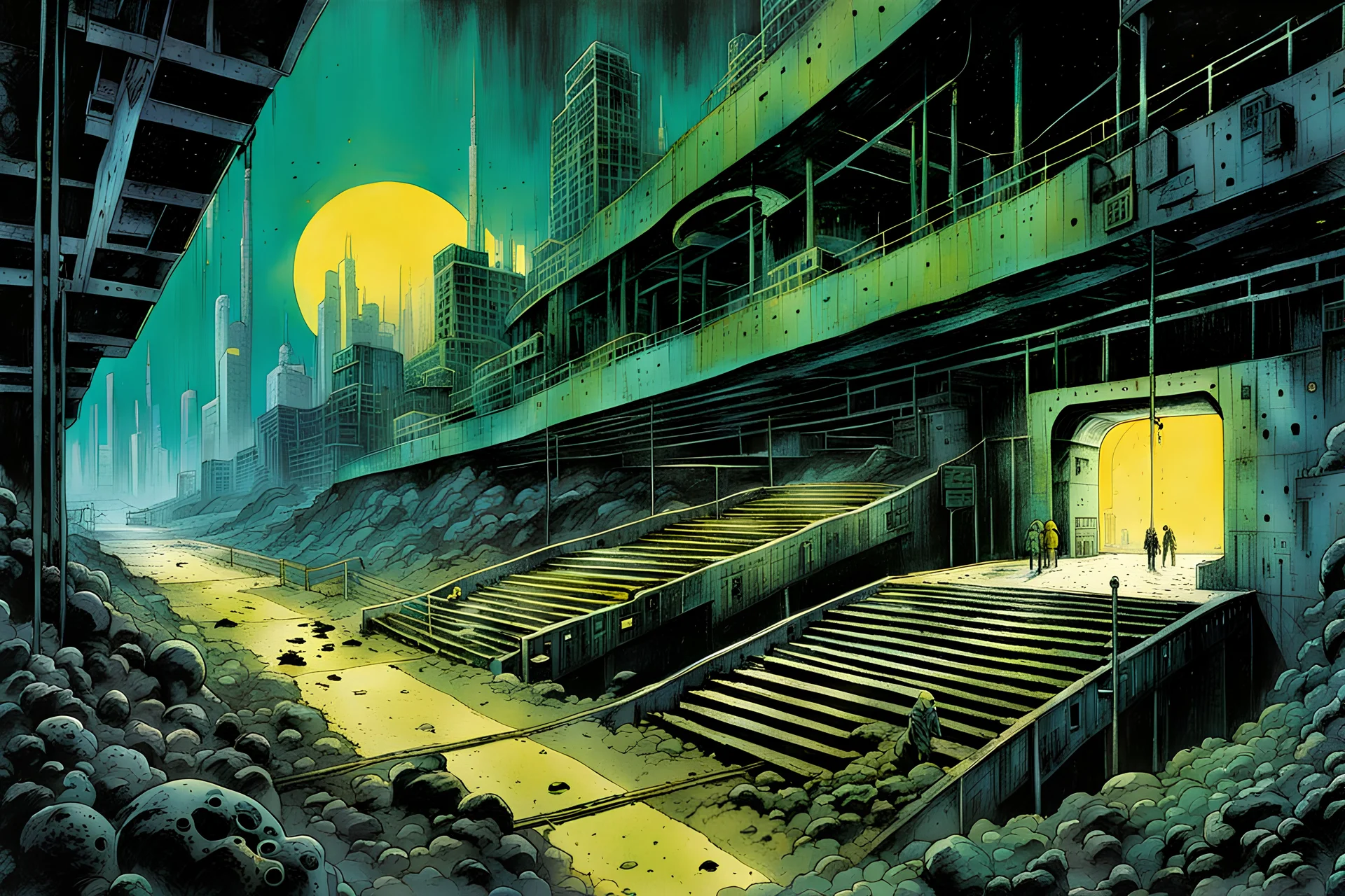 create a wildly conceptual illustration of a highly detailed irradiated, fetid, gaseous and decayed future underground fortification under a poisonous gloom utilizing asymmetric structural forms, in the sci fi art style of Don Maitz, and the comic book art style of Bill Sienkiewicz, finely textured, drawn, colored, and inked