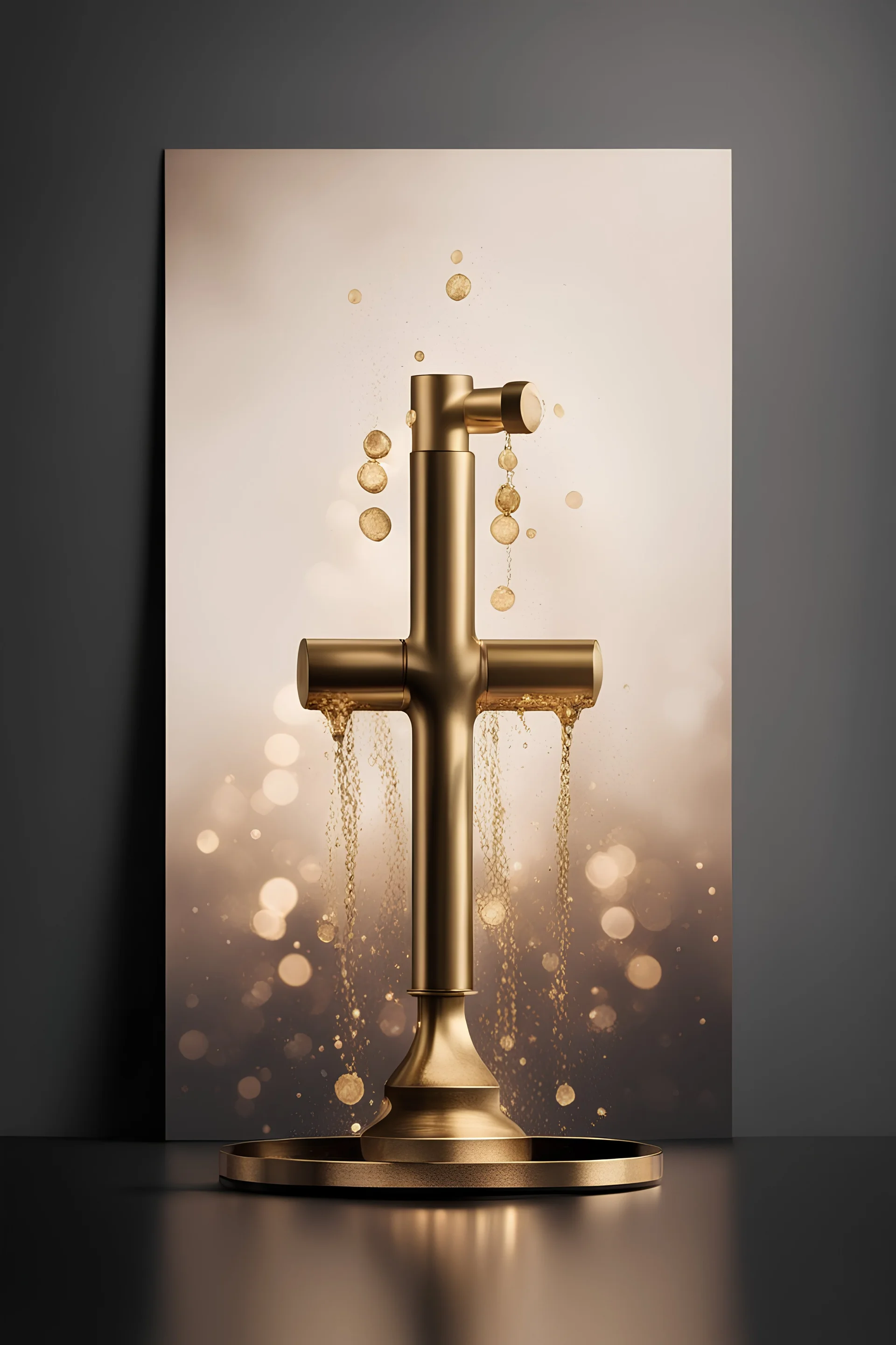 create a high quality minimal poster for mono product reveal photo with nice photography techniques from a simple Brass Manifold in , dark background, a dreamy blurred bokeh background with excellent warm lighting, on a luxury scenes in a studio splash clear water , on a pice of velvet