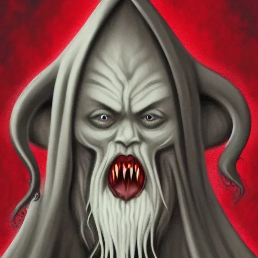 Vampire with yellow eyes with Cthulhu tentacle beard grey skin and vampire fangs and vampire bat nose as a Russian Orthodox