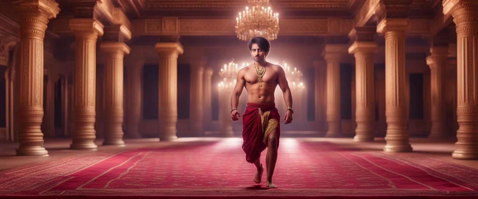 Hyper Realistic handsome Young shirtless muscular short hair Indian king Dancing in a traditionally beautiful Indian palace with traditional pillars with small fancy chandeliers & beautiful maroon carpet at night