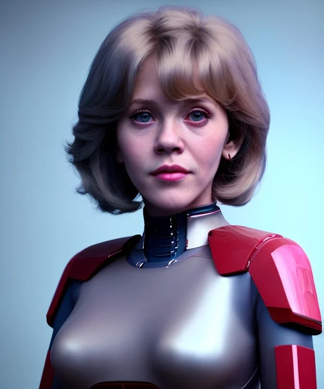 Artist, young jane fonda, teenager, android woman, sweet, clean skin, short hair, circuits, ghost in the shell, latex coat, feather, cyber punk, neon, bamboo, blood, portrait, studio photo, unreal engine 5, soft color, 16 bit, god lights, ray tracing, RTX, lumen lighting, ultra deatail, volumetric lighting, 3d, finely drawn, hd.