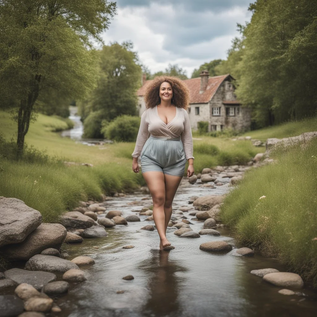 full body shot of a very beautiful lady curvy hair, walks in the country side with a narrow river with clean water and nice rocks on floor. The trees and wild flowers pretty country houses ,nice cloudy sky.