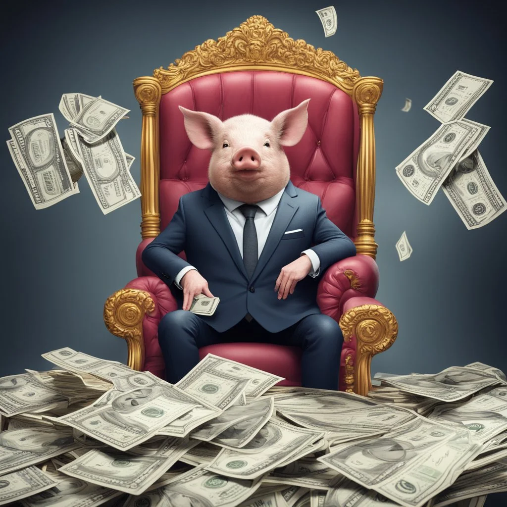 rich pig in suit on a throne making stacks of money by making a deal with a buisnessman