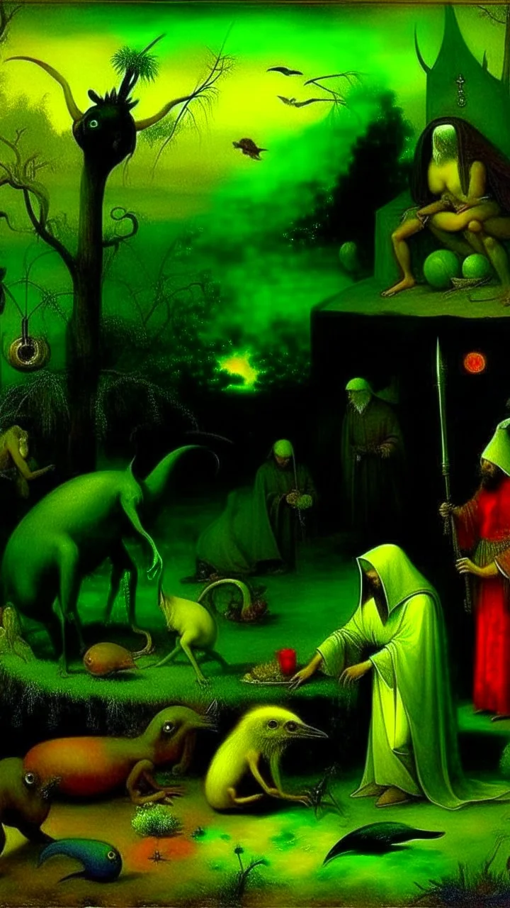 some mysterious figures, odd background, cinematic, Hieronymus Bosch, Max Ernst, vegetal life, rotten, ambient light, cry, ritual, surreal, animals