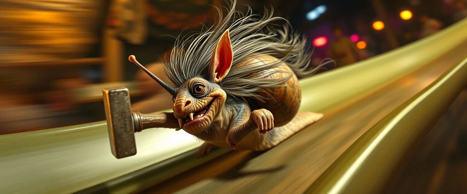 hårete gremlin hurtig snegle med vind i håret på fest med stor slegge aker ned sklie malt av Rembrandt, motion blur background
