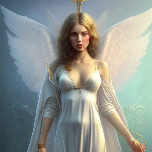 Portrait of a beautiful and harlot angel in a thin nightgown with curvy cuts, in the arms of a man, by Peter Mehrbacher, Thomas Kinkade and Raphael Lacoste, masterpiece, illustration, highly detailed, fine detail, intricate, popular on ArtStation