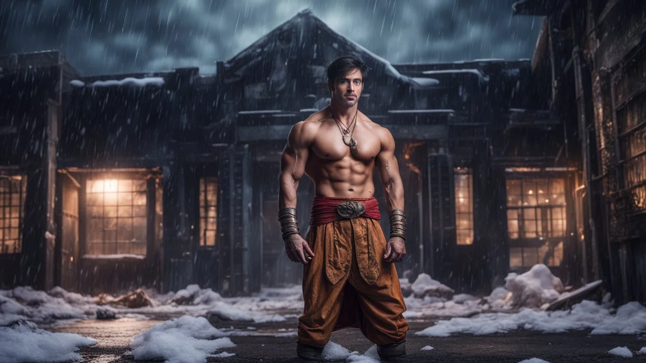 Hyper Realistic handsome muscular Aladdin with his prehistoric-costume standing bravely outside massive-dark-abandoned-factory-with-broken-windows-&-fancy-main-gate at dark snowfall night with dramatic & cinematic ambiance