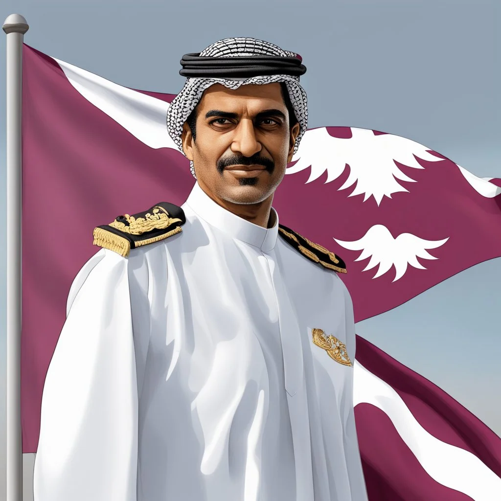 علم قطر مع صورة تميم بن حمد