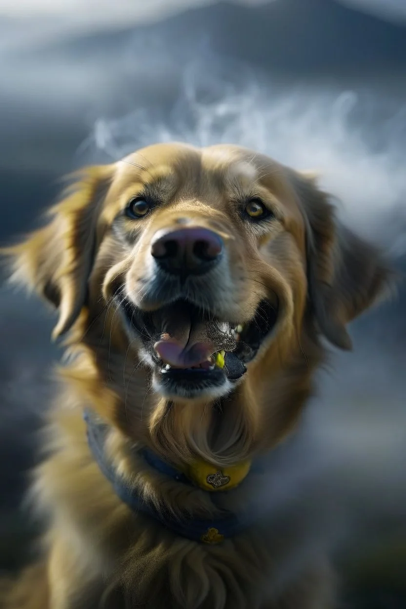 film grain for realism, portrait of super sonic top dog hero laughing smoke rings at mountain top , lightening storm brewing,shot on Hasselblad h6d-400c, zeiss prime lens, bokeh like f/0.8, tilt-shift lens 8k, high detail, smooth render, down-light, unreal engine, prize winning