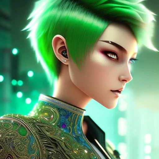 Cyborg anime warrior, light green hair, pixie hairstyle, cobalt eyes, waist up portrait, 8k resolution, intricate details, ornate details, soft lighting, vibrant colors, retroanime, masterpiece, intricate eyeliner, dark eyeshadow, eyes, intricate tattoos, futuristic cityscape background