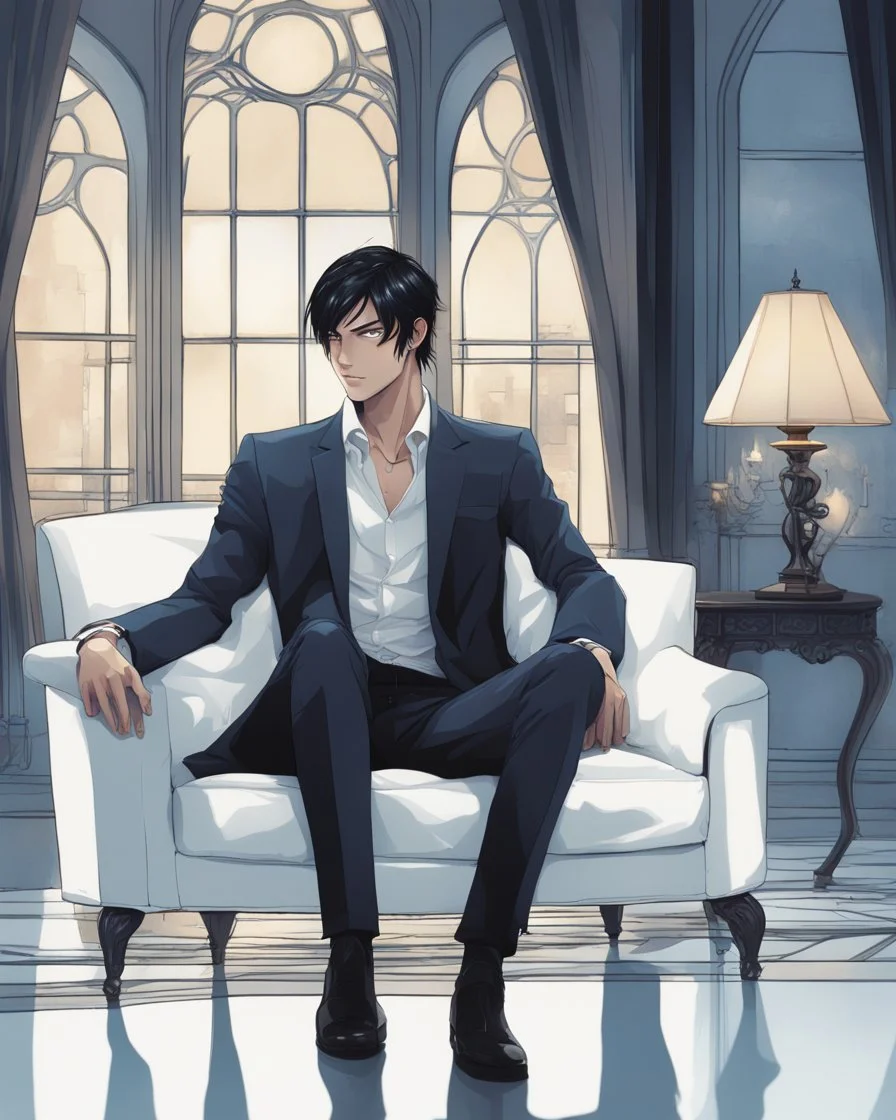 Stunning modern anime illustration of tall man, short black hair and piercing blue eyes. Wearing an elegant white office suit, he leans on a modern sofa. The background, contemporary house merges with dark fantasy elements, elegant lines and surprising architecture. A mysterious painting on the sofa, of a Gothic castle wrapped in darkness, enigmatic air. Vibrant and striking colors, atmosphere of intrigue and mystery