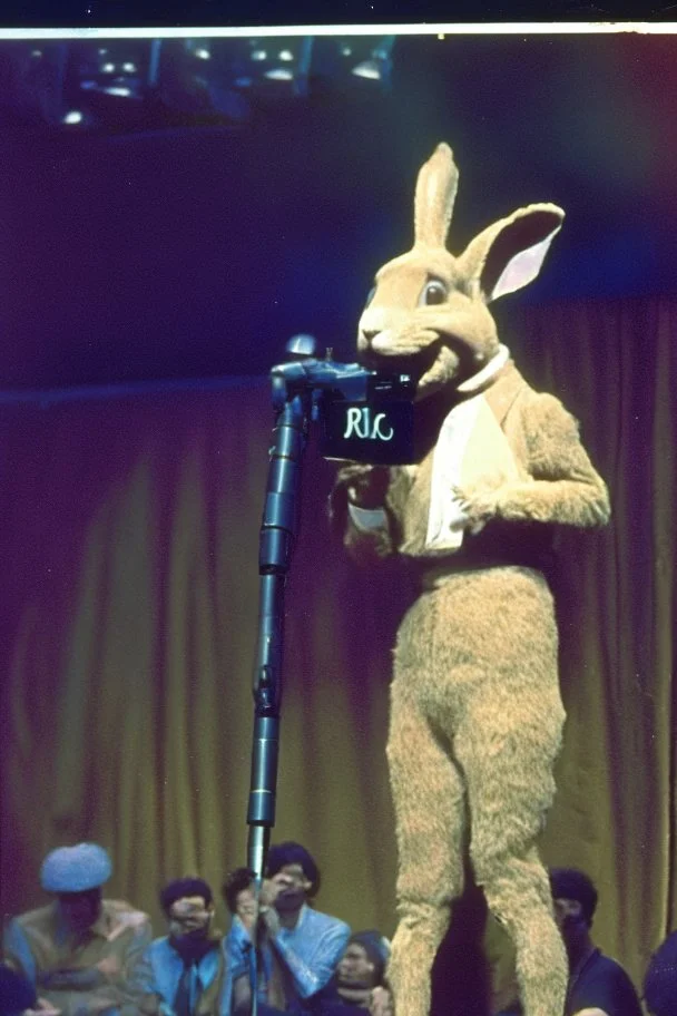 1990 human show the winner is a "half human rabbit combined animal::40", realistic (film Color Mission 200::10) photo from old disposable camera , he brings on a friend with a microphone,grainy photo