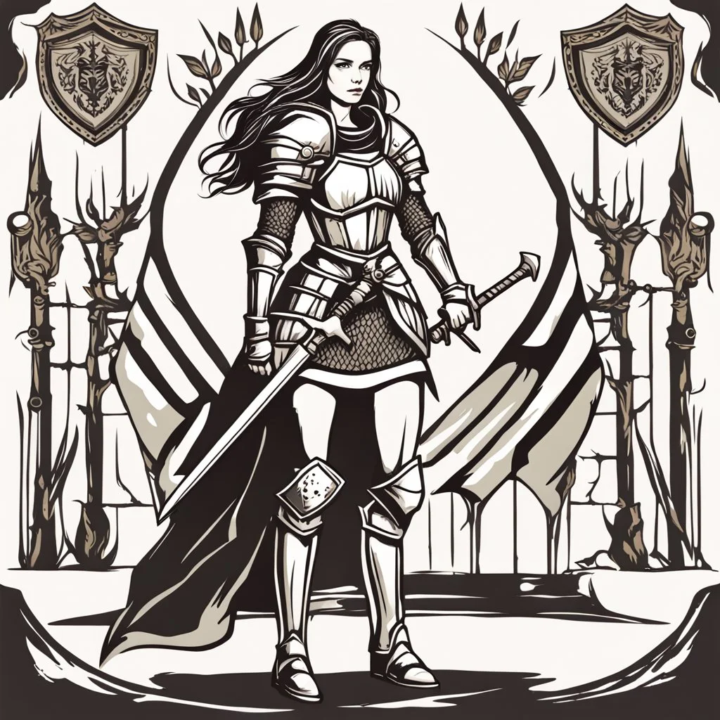 fearless and noble lady knight with sword and shield
