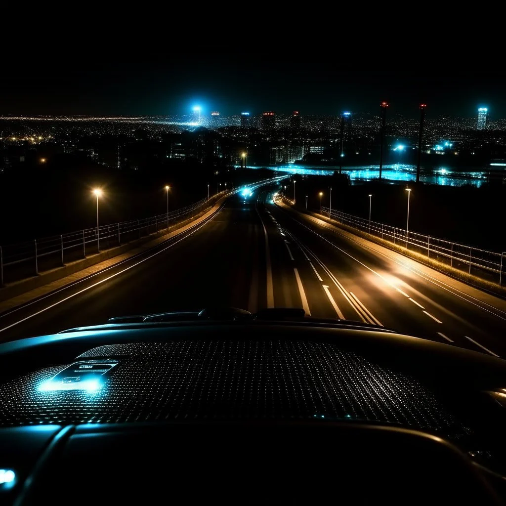 night time, a car dashboard lighting up, a dark road in the windscreen, with a beautiful city in the distance, photo quality