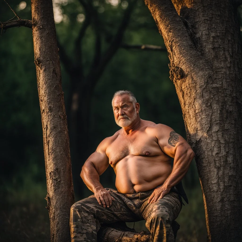 close up photography of an angry 55 years old seated on a tree trunk in the wood, strong chubby muscular , big shoulders, manly chest, bulging hunter camouflage trouser , shirtless, hairy , golden hour, tatoo, 35mm lens, f/1.8, accent lighting, global illumination, frontal view from the ground