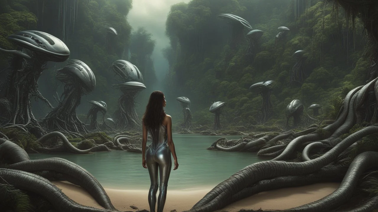 detailed matte painting of a wide-angle shot of a woman standing on the right-hand side of an alien beach, with dark hair in a silver robotic catsuit, many floating aliens with long tentacles, alien jungle trees in the distance, deep colour