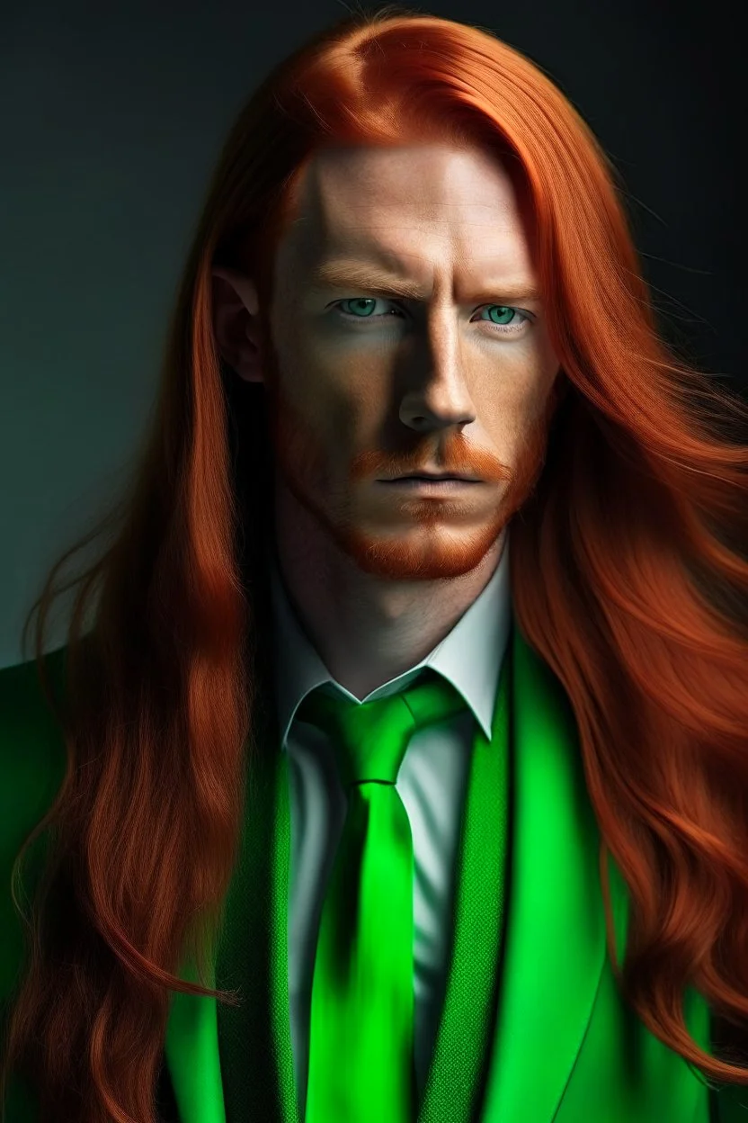 man, long red hair, long red jacket with green tie, green eyes,