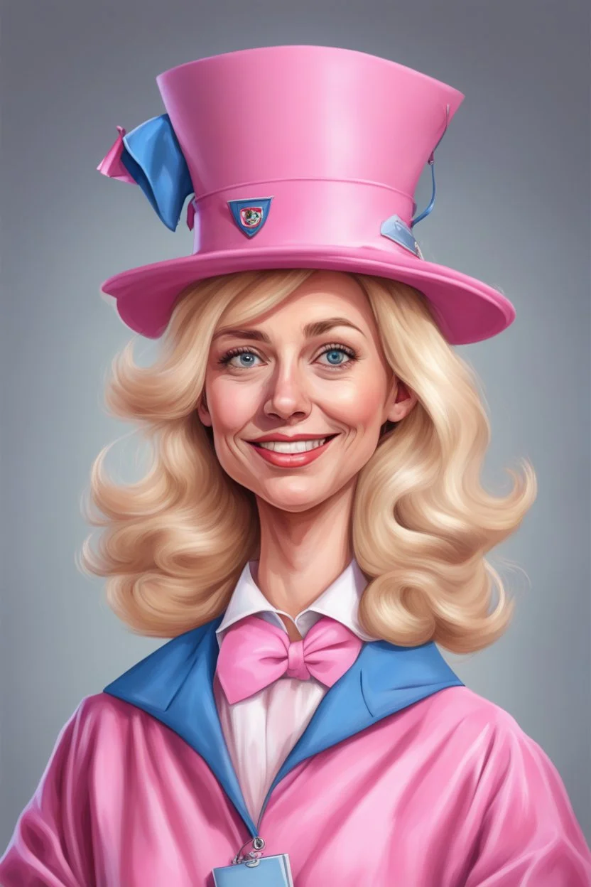 Een dom blondje die haar dokterdiploma heeft gekregen dankzij CHATGPT. superdom, karikatuur, draagt diplomahoedje. Haar outfit is roos, je ziet enkel gezicht, superkarikatuuraal en dom Outfit volledig roze en blauw,