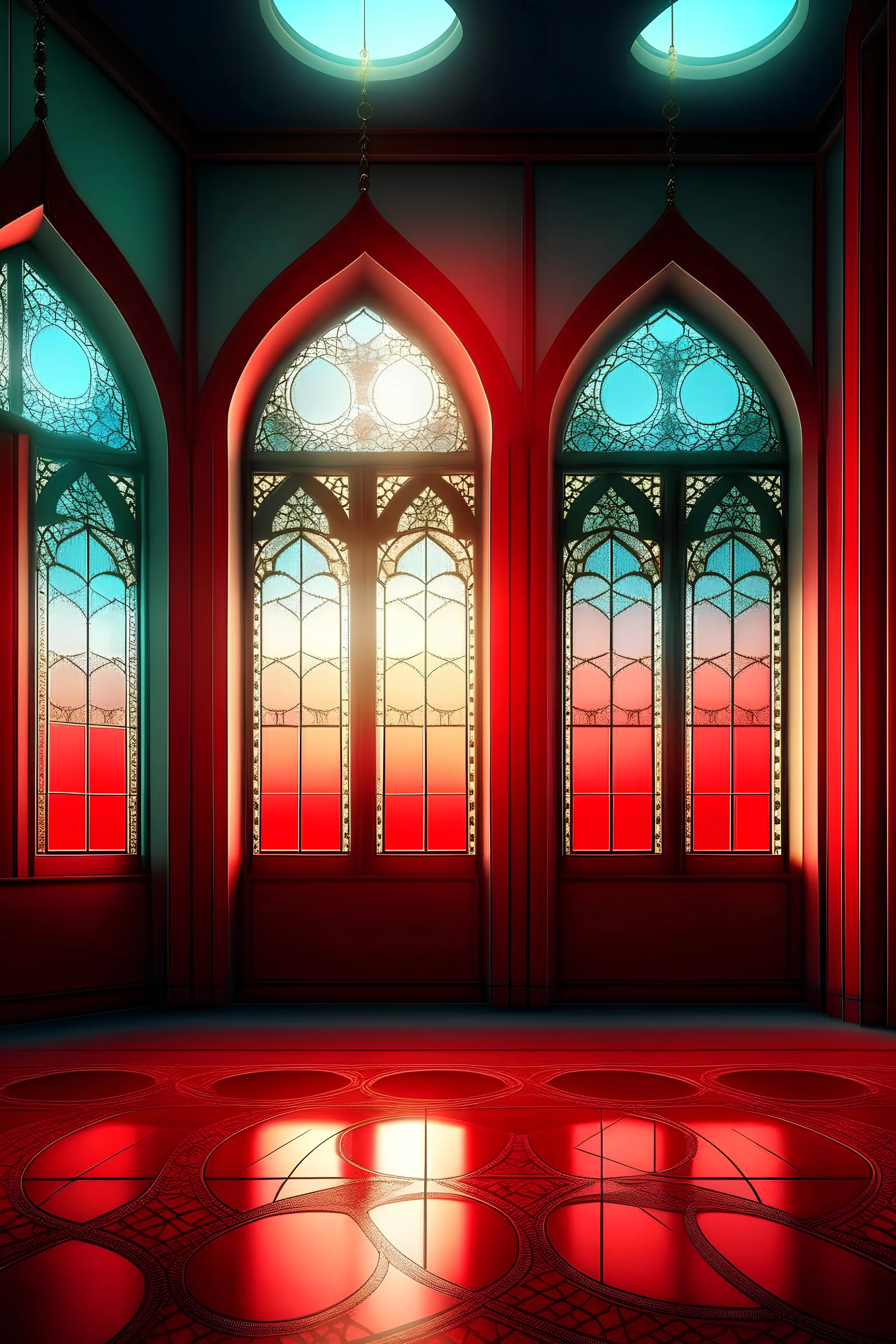 Islamic , Ramadan, Mosque, Natural Light, ,morning ,Moon light shine through the window into islamic mosque 3d red