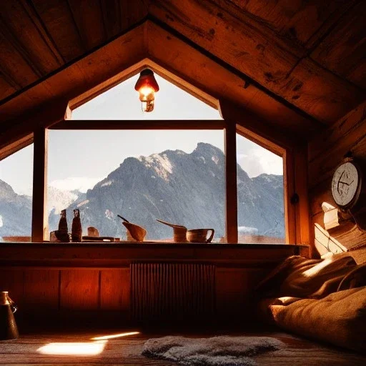 Mountain hut interior, five poeple eating, Austrian aesthetic, oil lamp, wooden floor, night time, 8k, HD, cinematography, photorealistic, Cinematic, Color Grading, Ultra-Wide Angle, Depth of Field, hyper-detailed, beautifully color-coded, insane details, intricate details, beautifully color graded, Cinematic, Color Grading, Editorial Photography, Depth of Field, DOF, White Balance, 32k, Super-Resolution, Megapixel, ProPhoto RGB, VR