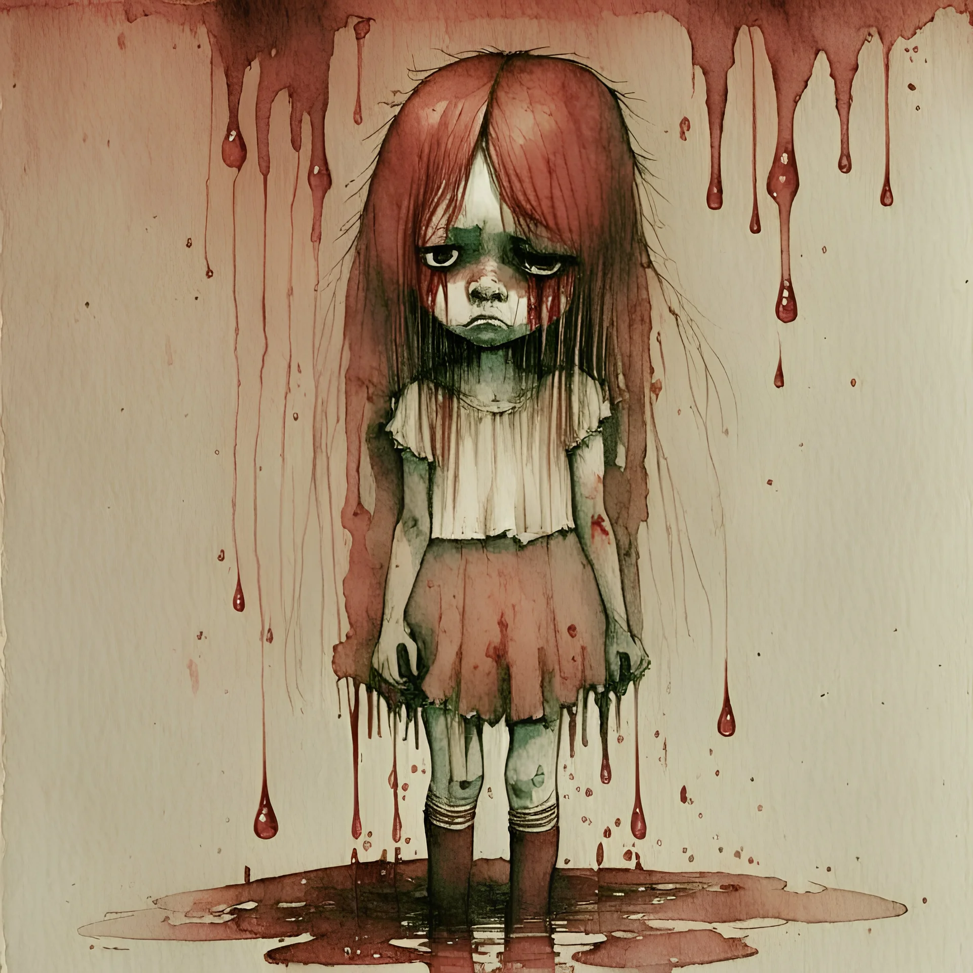 body anormal, cry blood, girl cute, watercolor illustration by <John Kenn Mortensen>, darkred tones,