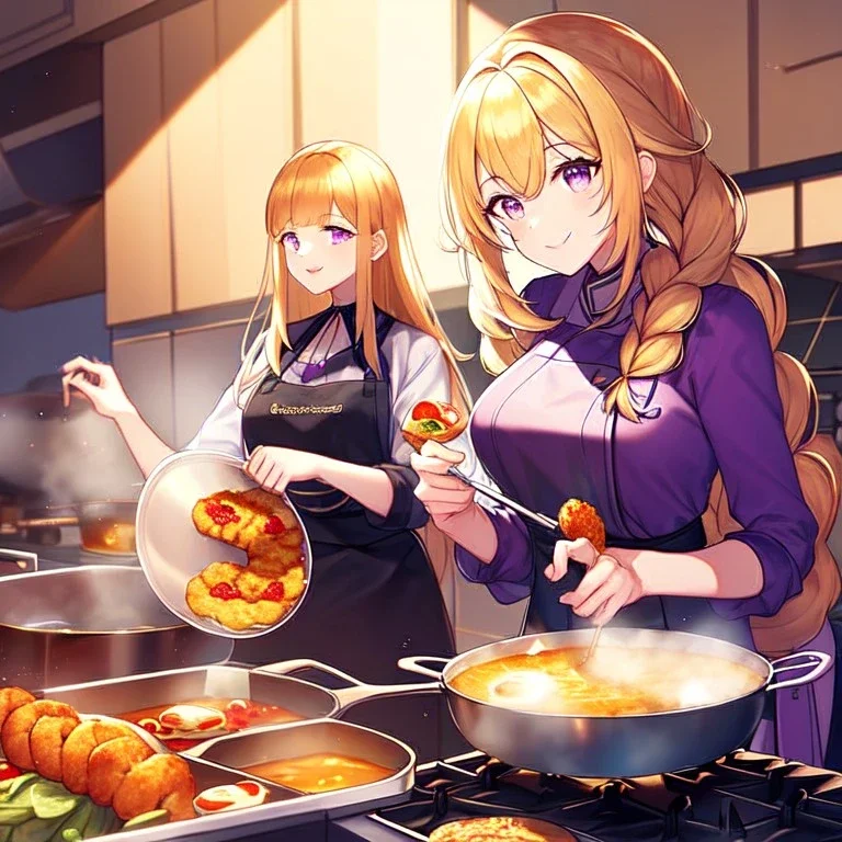 girl, masterpiece, best quality, volumetric lighting, detailed outfit, perfect eyes, golden hair, long hair, purple eyes, braided ponytail, smile, cooking, food,