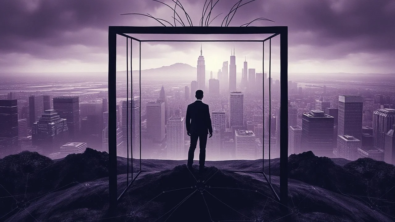 inner in an cube like cage stands a human figure and gaze city, , in outside around in the distance big landscape with big city and many fade human figures in the city, dark purple, gray, black, white, brown. Whimsical style and surreal vibe, lonely with neuron network background, surreal stunning vibe