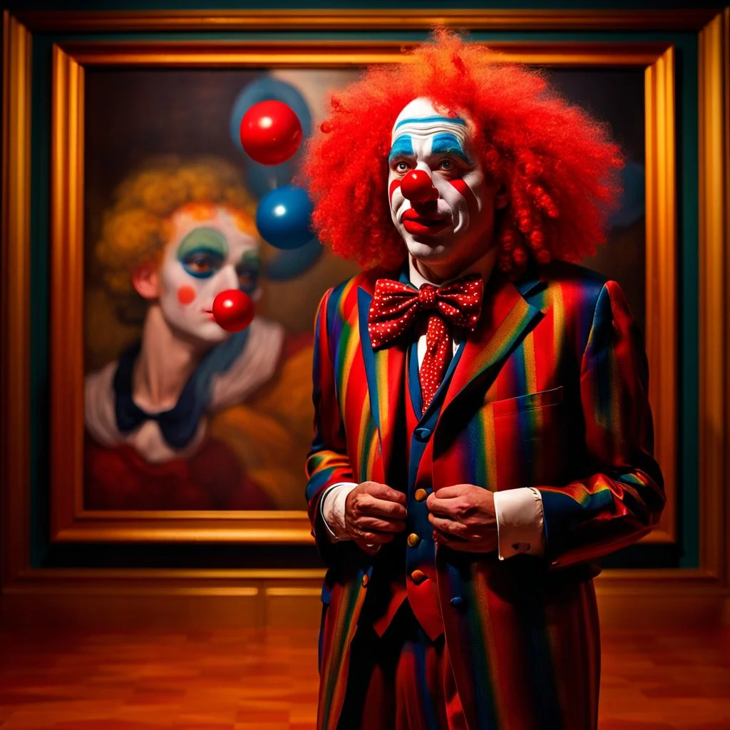 A clown with a make-up face, red nose and colorful curly hair stands in a museum in front of a huge picture with a golden frame of a clown who looks just like him shedding tears, the tears flow out of the picture and drip onto the floor of the museum, inspired by Art Frahm, surreal art, extremely high quality artwork, in the gallery for art, Cyril Rolando and M. w kaluta, cyril rolando and m.w kaluta, realistic art, amazing art, realism art style, inspired by Mads Berg, trendy artwork