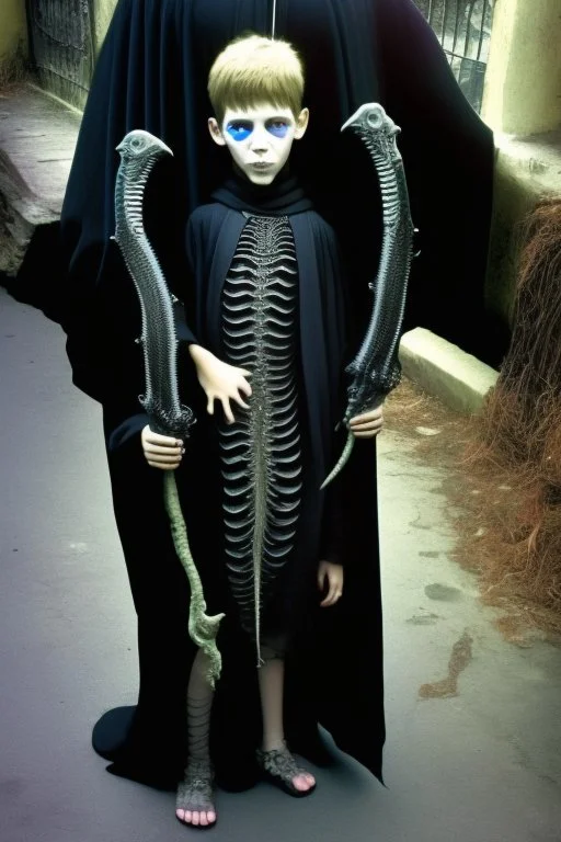 7 year old boy, necromancer, friendly, looks dead,with a long lamprey emerging from his belly , wearing black robes, in the style of H.R. Giger