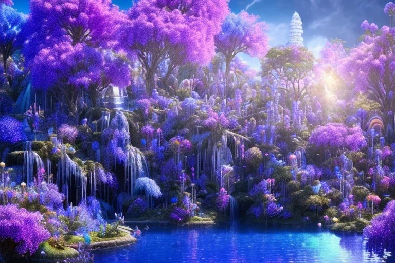 luminous blue crystal castle, sun,swanns,waterfall, BLUE LAKE, SWANNs,blue bugainvillier flowers, jacaranda violet trees, sky pink blue, full of details, smooth, bright sunshine，soft light atmosphere, light effect，vaporwave colorful, concept art, smooth, extremely sharp detail, finely tuned detail, ultra high definition, 8 k, unreal engine 5, ultra sharp focus