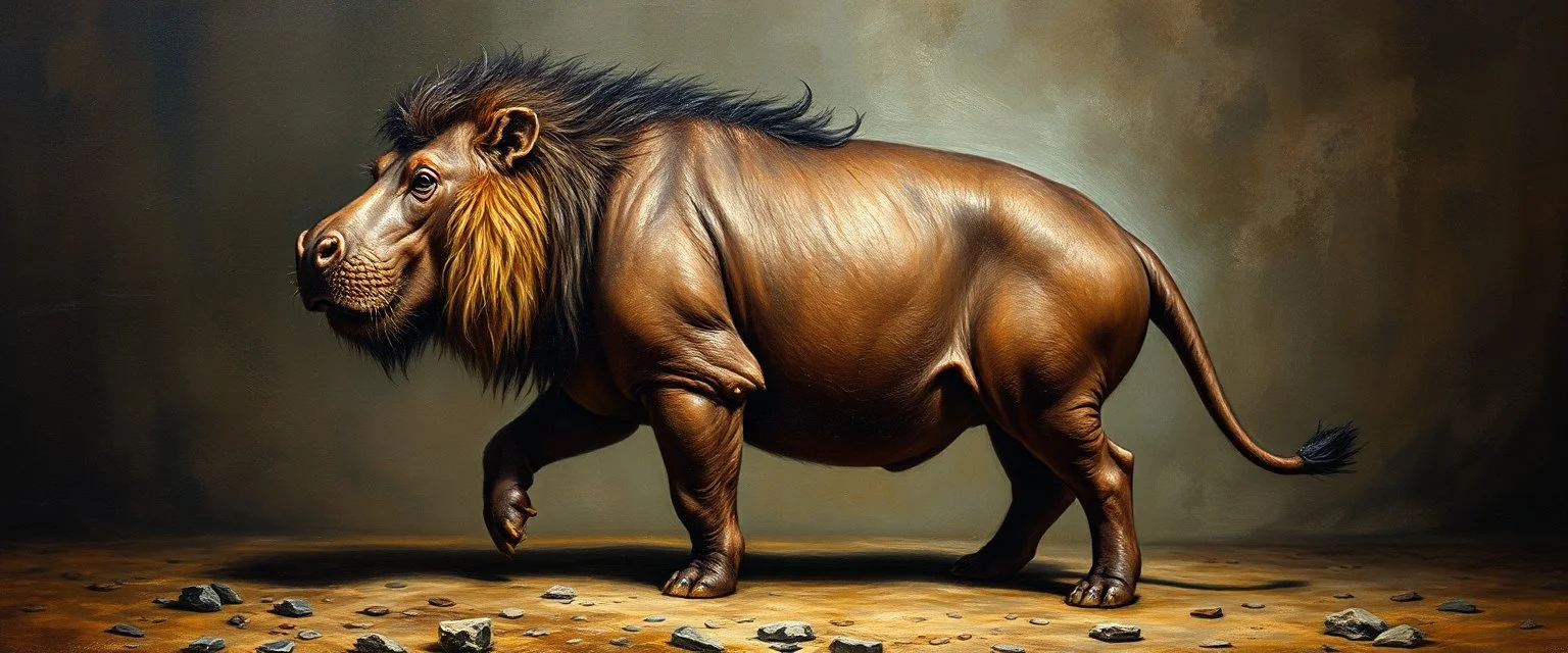 master oil painting by Rembrandt, creature from before the dinosaur lion hippo hog