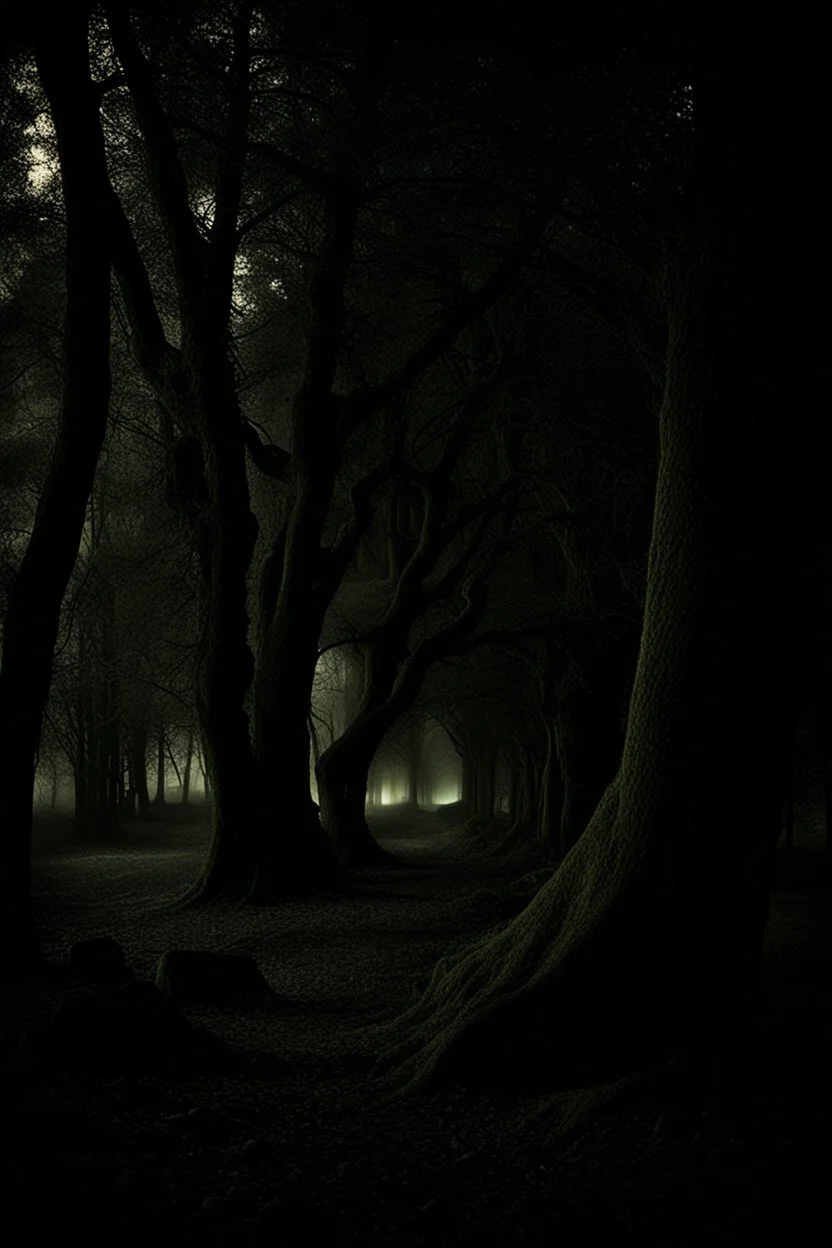 Night, trees, rocks, creepy, gothic horror films influence, photography