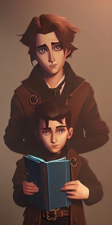 A little handsome brown haired warlock kid with his dark book of shadows by Nick Harris