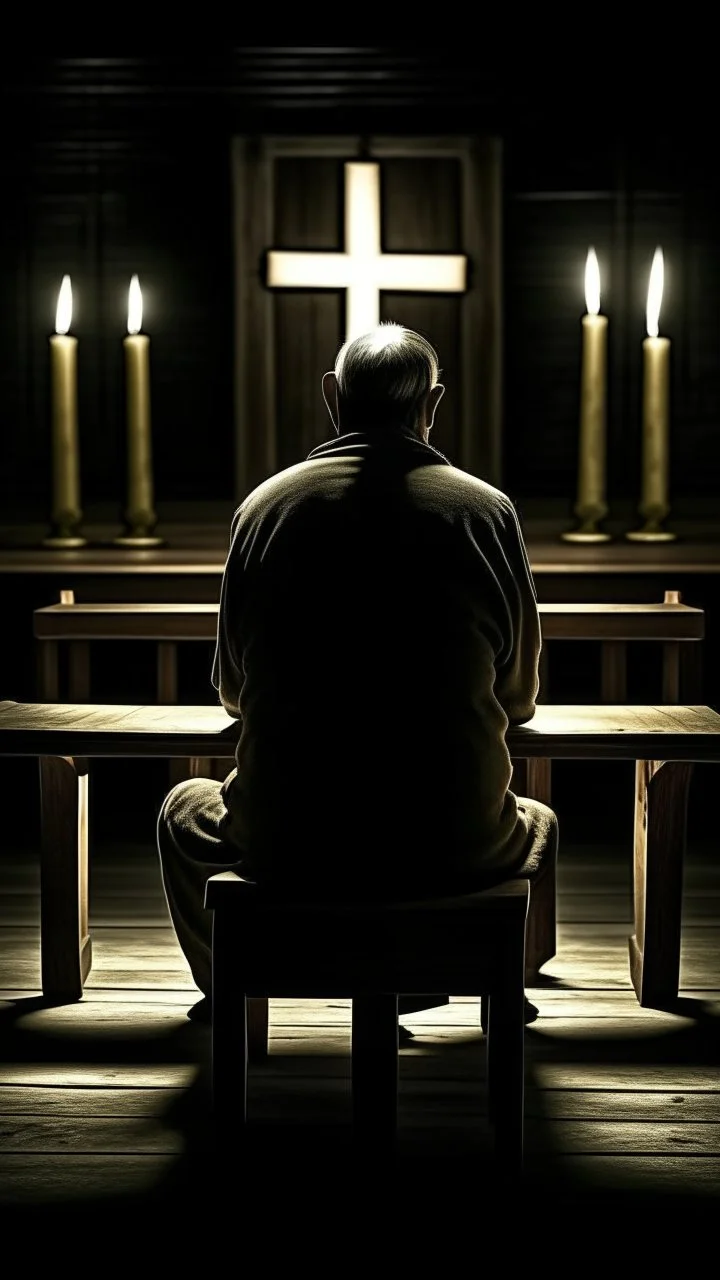 a rear view of a handicapped man sitting on a bench facing a charge cross and candles, show from the back
