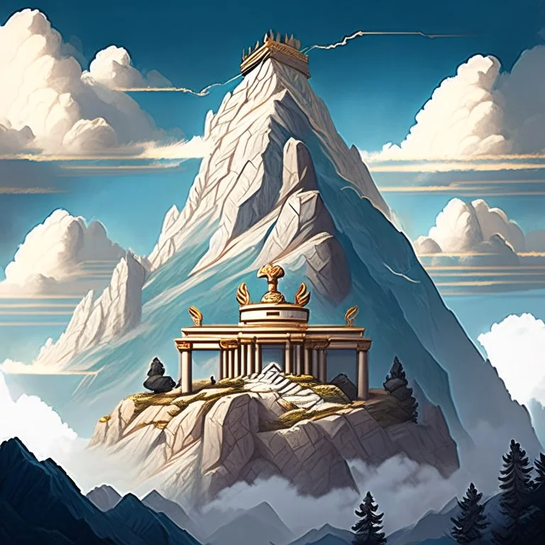Mount Olympus from the greek mythology. Temples high up in the mountains. Cloudy and mysterious. Illustration. detailed.