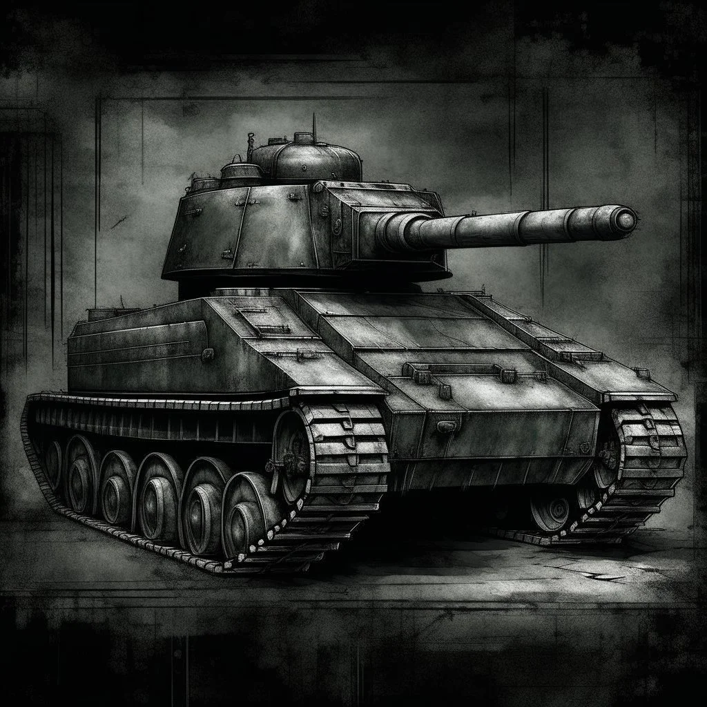An old army tank a side view , Hyper Realistic Aerial Grungy Dark-Grey Brush strokes on a dark rustic background with charcoals