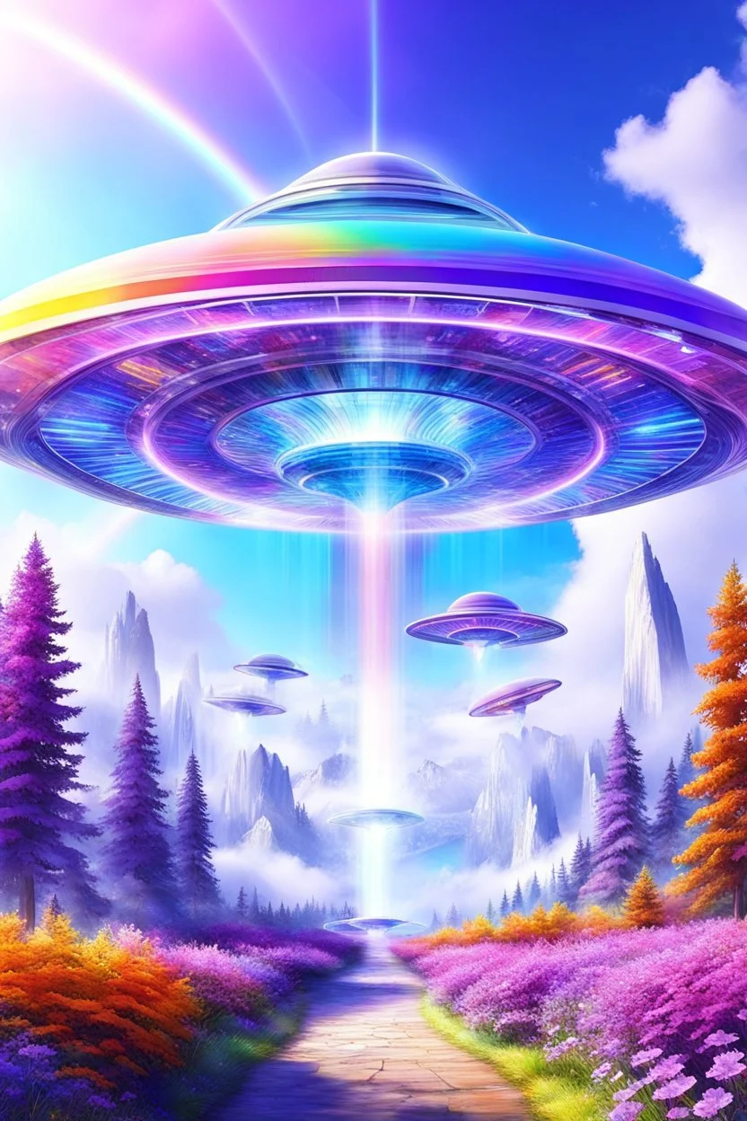 Ufo rainbow, futuriste ultra moderne,heaven,crystal very beautiful city,nature forest flowers colors