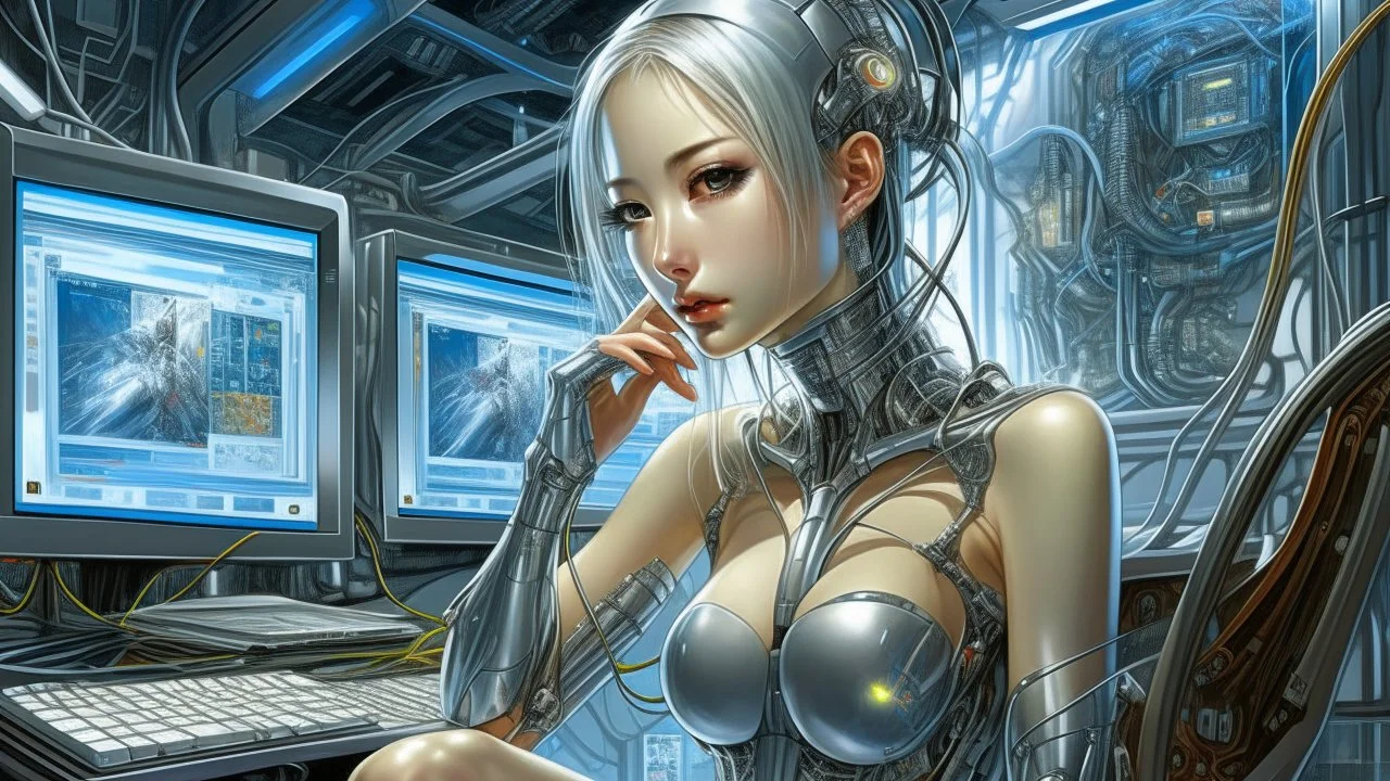 A digital painting by Kuniyoshi and Hajime Sorayama of tech beautiful cyborg girl inside a futuristic matrix.