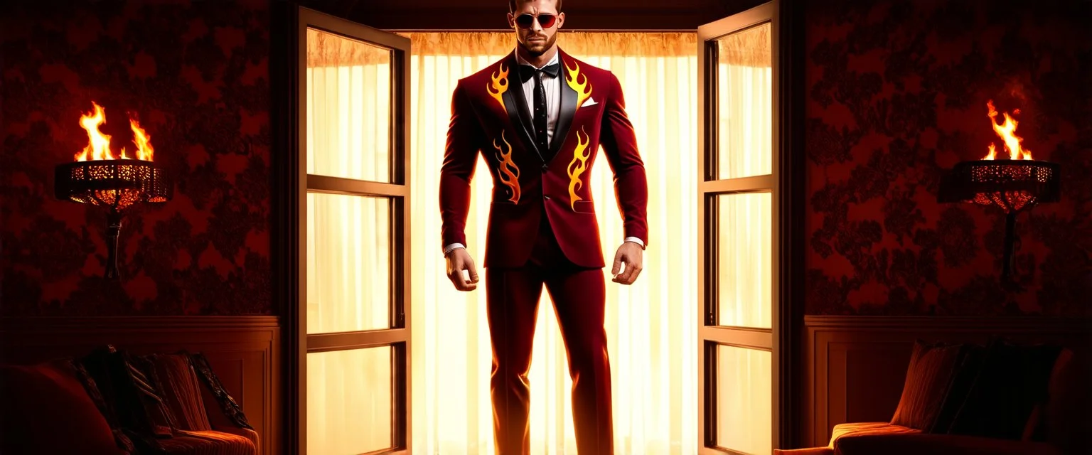 Hyper Realistic Photographic-Silhouette View of a handsome muscular Fire-Superhero wearing long-fancy-Maroon-tuxedo with-golden-flame-patterns on it & wearing fancy-red-sunglasses with flame-embers-around-him & standing on a vintage-crafted-balcony & maroon-open-fancy-windows & fancy-damask-wallpapers on walls at dark night showing dramatic & cinematic ambiance.