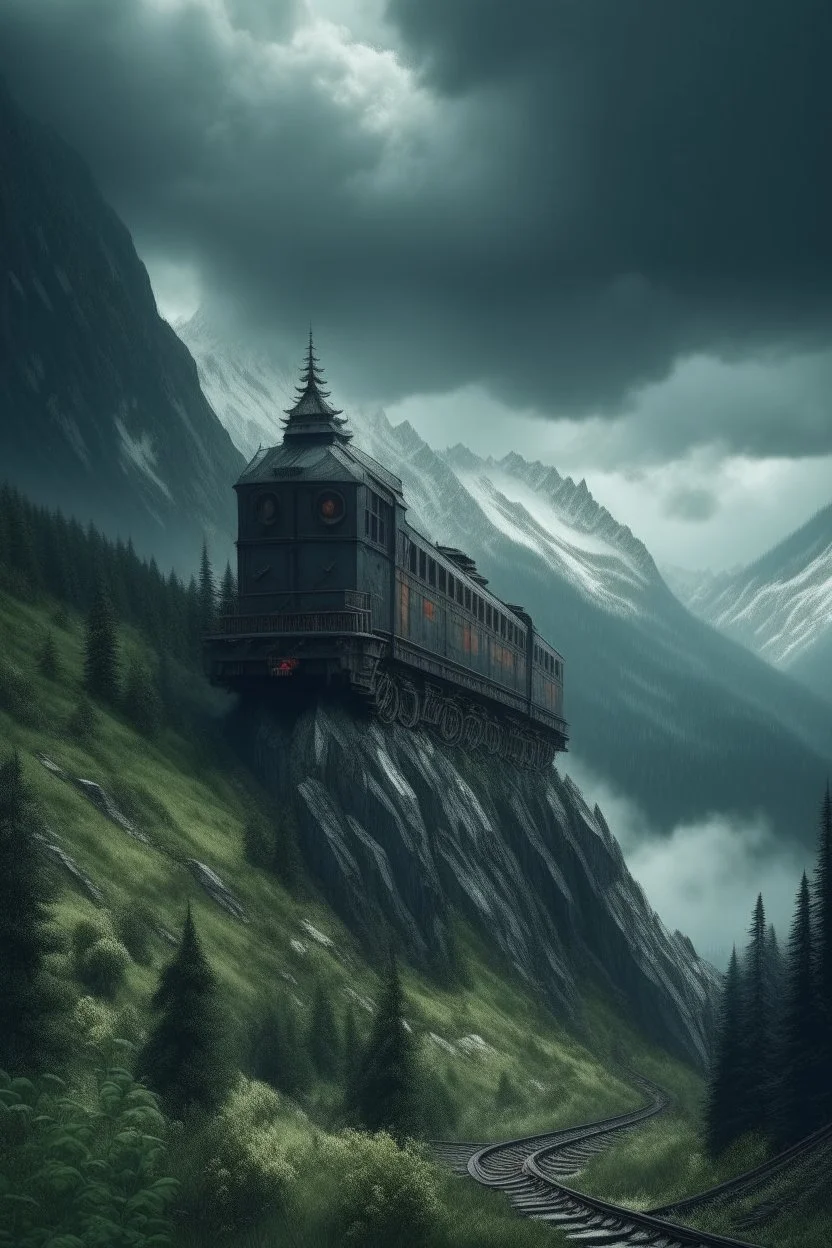 A train truck in stunning mountain landscape, mountain gorge, bright color palette, high detail, perfect by composition, gcinematic shot, intricate details, a cloudy stormy weather in the background