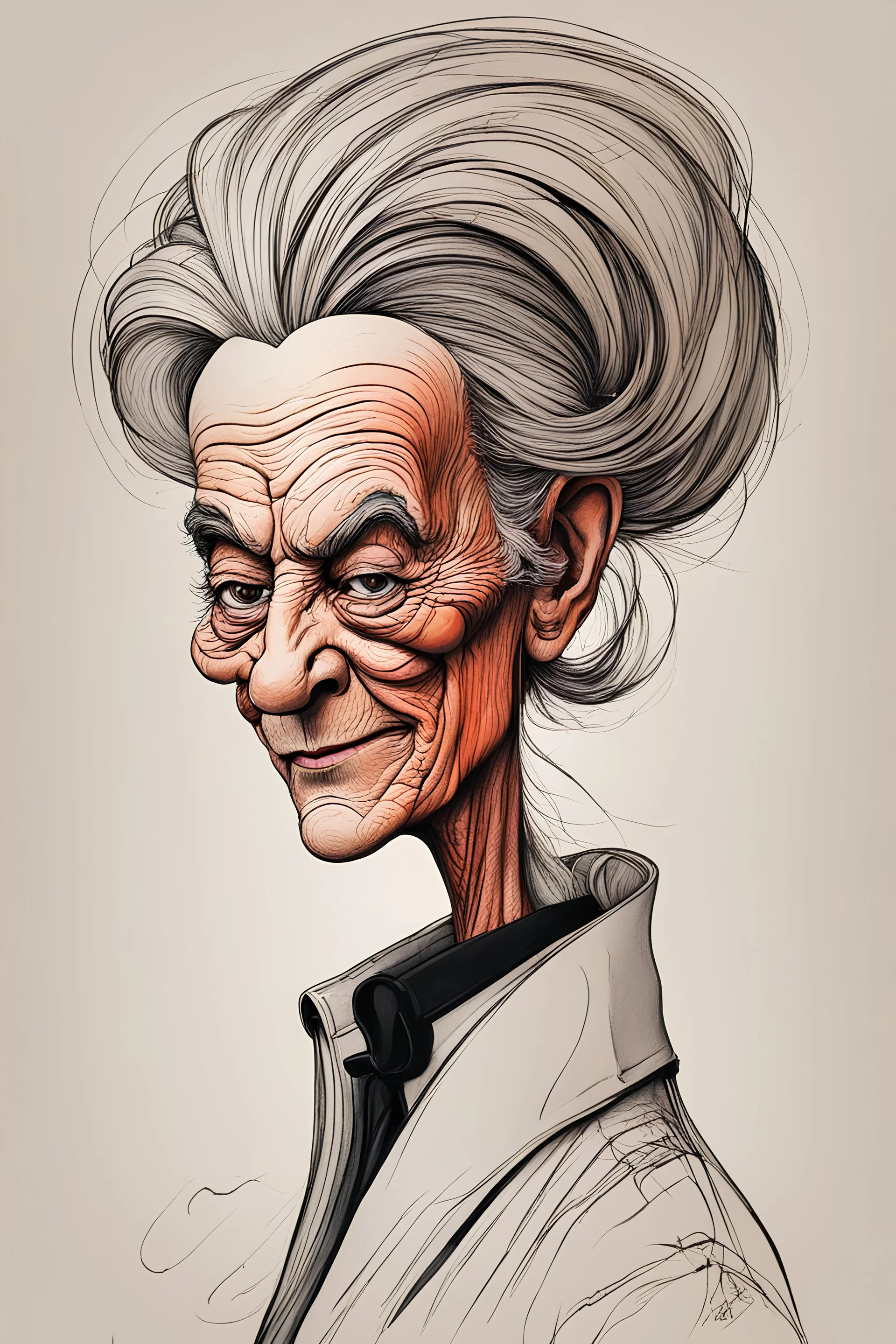 create an ancient blind female with highly detailed and refined facial features, raggedly clothed in the caricature cartoon style of Gerald Scarfe, precisely drawn, boldly inked, vividly colored, 4k