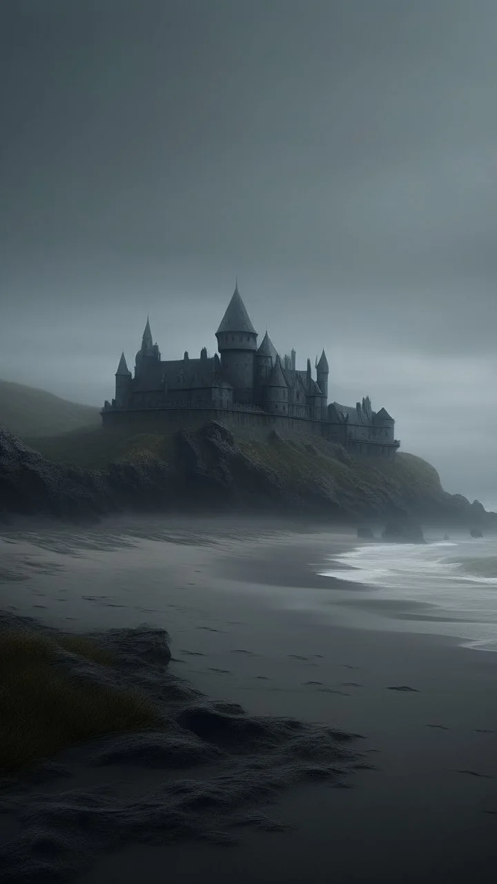 A hyper photorealistic, hyper detailed dark art color, high resolution, fog, octane render, tilt shift, HDRI Environment, all pictures of a dark gray castle on the stormy wether beach