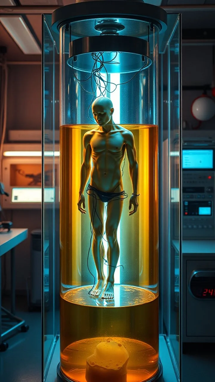 Sleeper in tube cabinet made of glass filled with honey coloured liquid , in a laboratory inside it a human body standing vertically , connected with wires and electrical wires , the human look like sleeping standing in side, a high tech equipment in the background ,4K, cinematic, high resolution