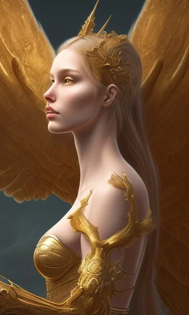 Female angel with beautiful perfect face big wings and golden crown floating above the ground in the dark enviroment, anatomically correct, michelangelo style, detailed, world of warcraft style, dark forest, trees, painting, brush strokes, 8k, dark forest in the background