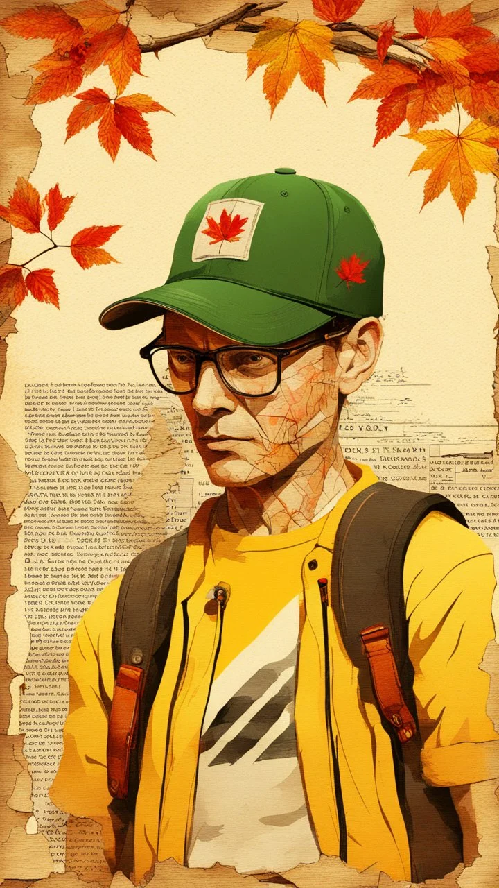 background old, cracks, yellow, torn canvas, gouache, double exposure, man, baseball cap, 40 years old, fine drawing, blots, newspaper scraps, leaves, green, autumn, city, branches, red rowan berries, 8K, double exposure