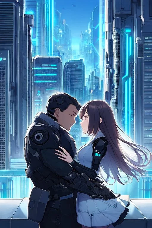 Science fiction, cyberpunk, city, couple girl and guy, together, love at first sight